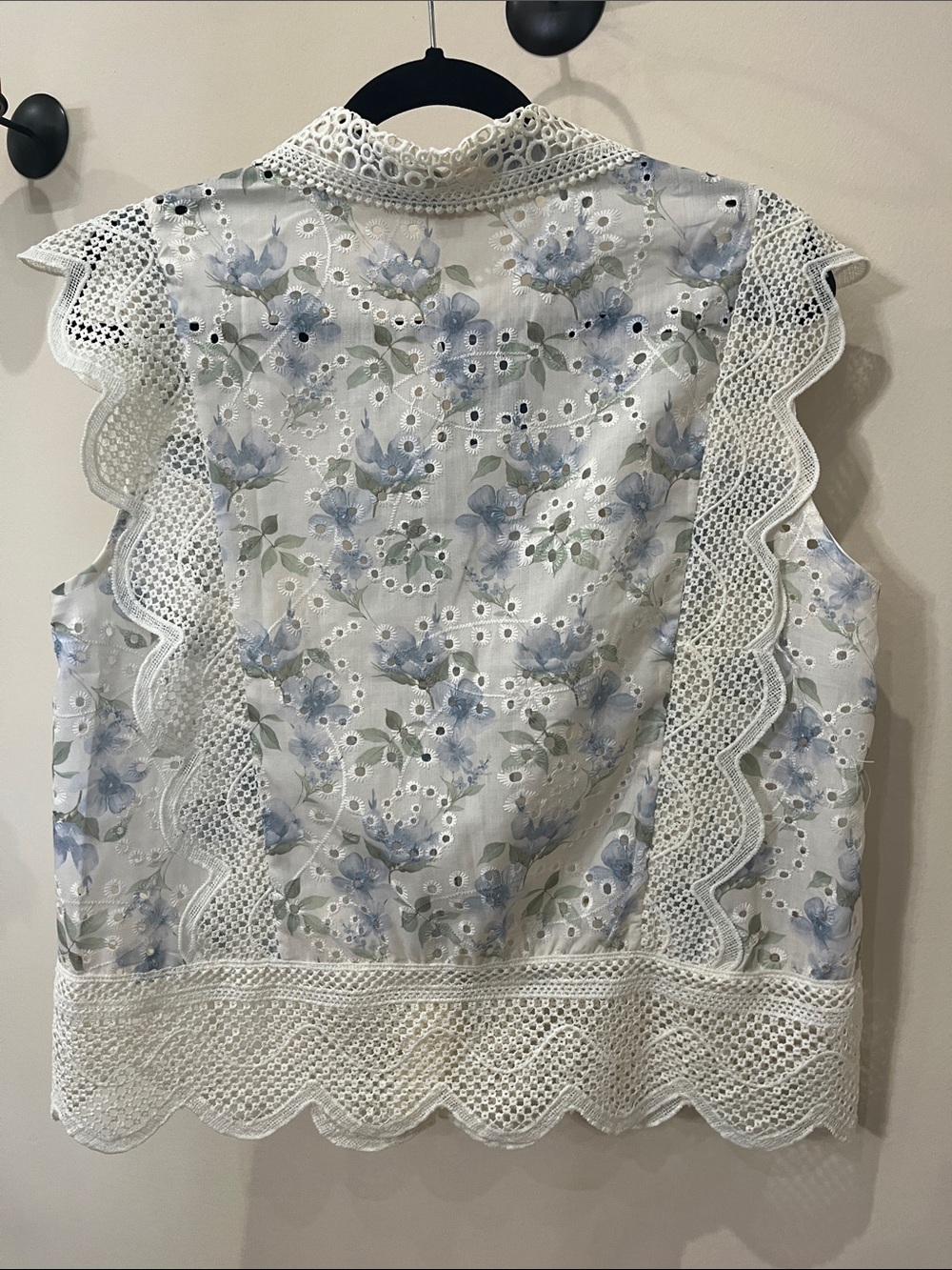 Ultra Pink Eyelet Floral Lace-Trim Sleeveless Blouse - White & Blue - Picture 5 of 5